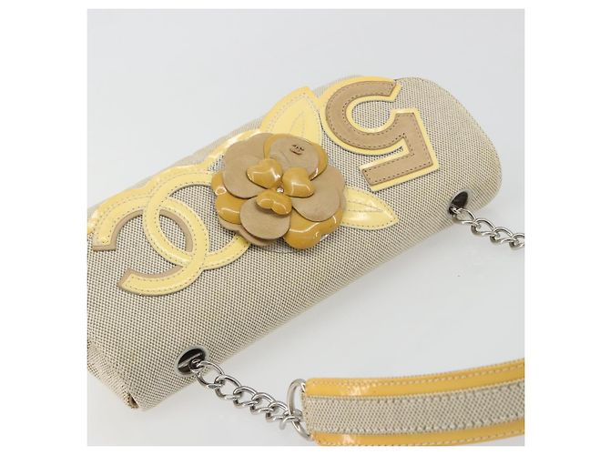 Borsa a catena CHANEL No. 5 Camellia COCO Mark in tela beige e argento CC Auth ka5765A - vista 6