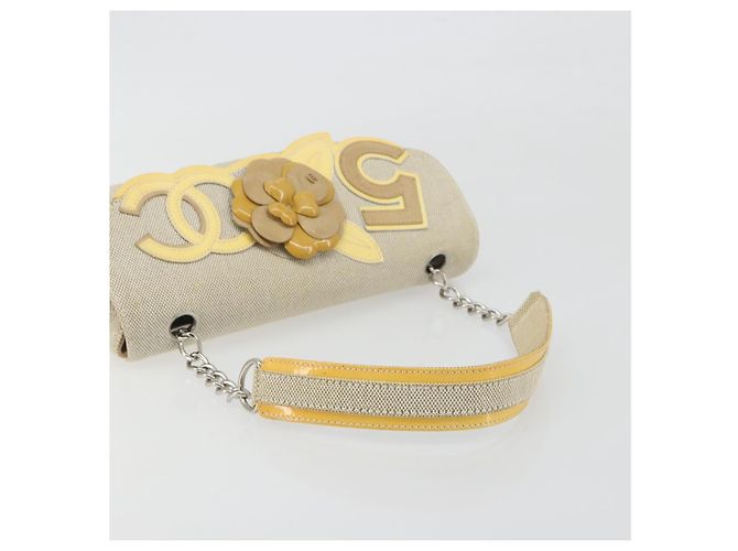 Borsa a catena CHANEL No. 5 Camellia COCO Mark in tela beige e argento CC Auth ka5765A - vista 7