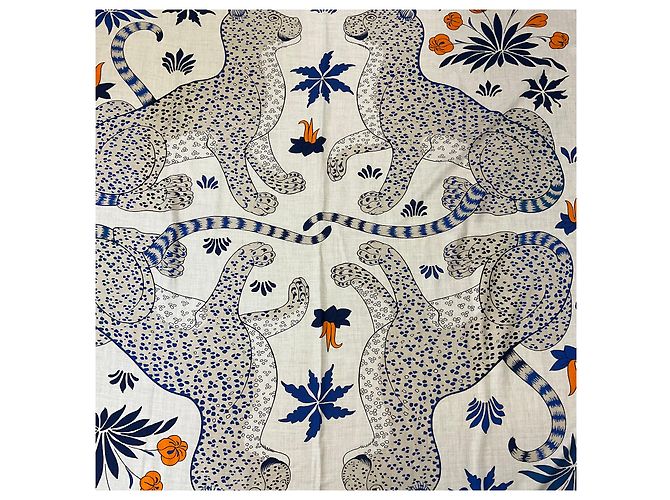 Hermès Hermes Natural / Blue / Orange Les Leopards Large Cashmere and Silk Scarf Multicolore - vista 2