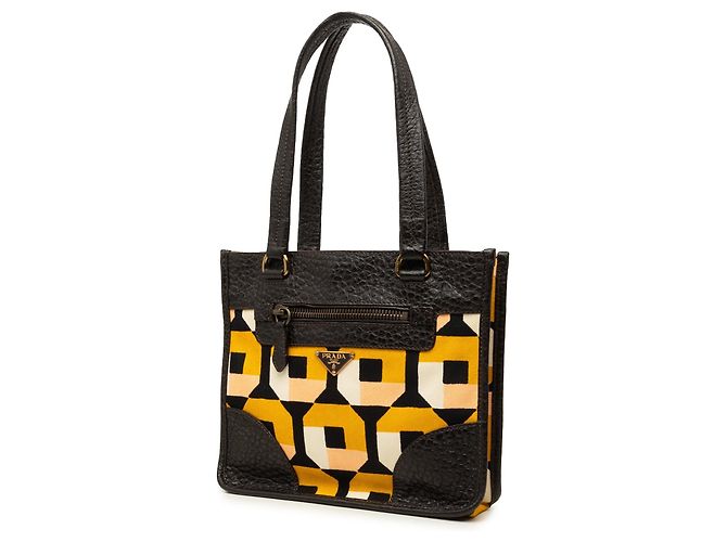 Tote Prada in tela stampata e pelle marrone - vista 2
