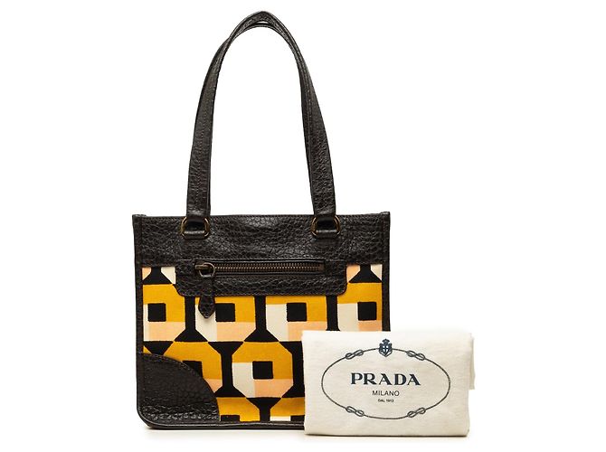 Tote Prada in tela stampata e pelle marrone - vista 7