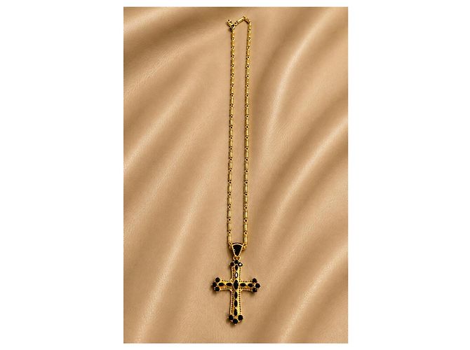 Dolce & Gabbana Collana con Pendente a Croce Oro e Cristalli Neri Nero D'oro - vista 2