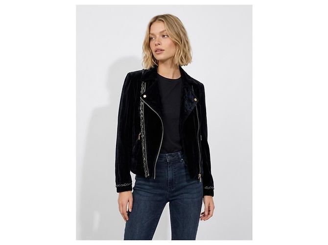 Chanel 06A Runway Bomber Biker Jacke Samt Schwarz Silber Metallisch Silber Hardware - Ansicht 2