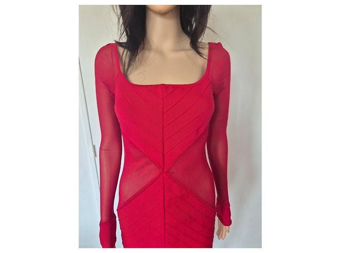 Herve Leger Abito aderente Hervé Léger rosso con inserti in rete - vista 5