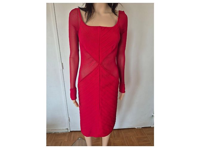 Herve Leger Abito aderente Hervé Léger rosso con inserti in rete - vista 6