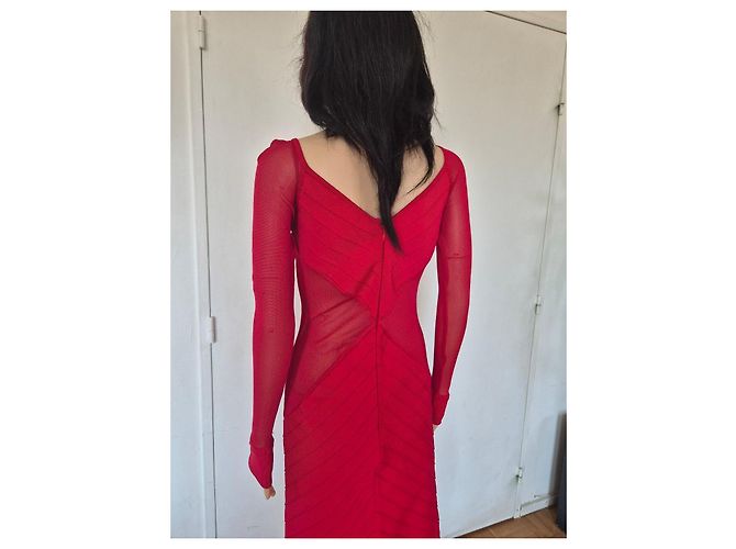 Herve Leger Abito aderente Hervé Léger rosso con inserti in rete - vista 7