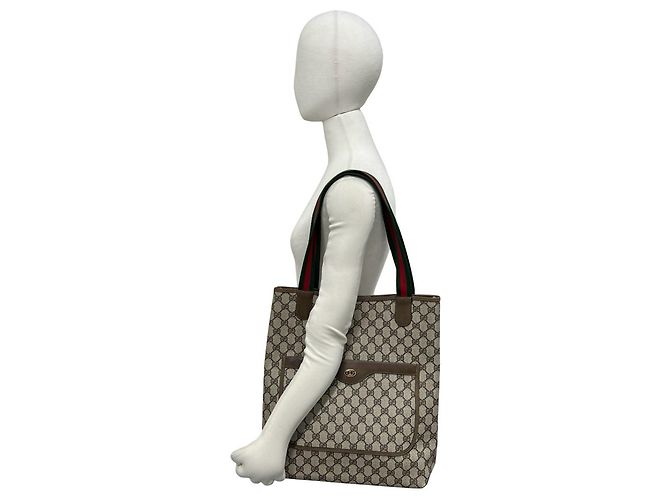 Gucci Old Sherry Line Leder-Tote-Bag mit GG-Logo-Muster Braun Rot Grün - Ansicht 2