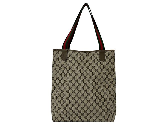 Gucci Old Sherry Line Leder-Tote-Bag mit GG-Logo-Muster Braun Rot Grün - Ansicht 3