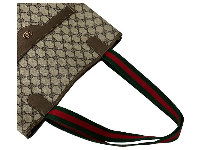 Gucci Old Sherry Line Leder-Tote-Bag mit GG-Logo-Muster Braun Rot Grün - Ansicht 4