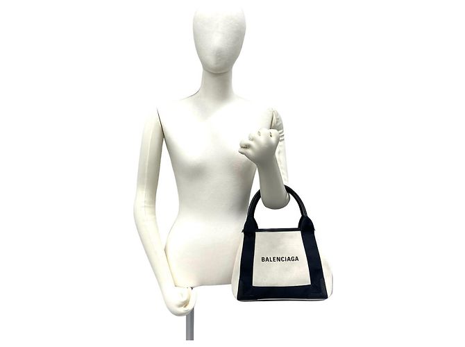 Balenciaga Navy Cabas Canvas Leather Handbag Black White - view 2