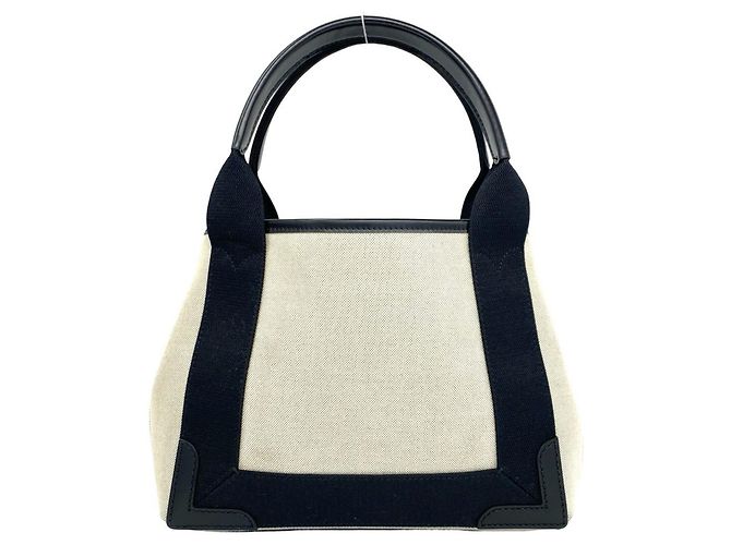 Balenciaga Navy Cabas Canvas Leather Handbag Black White - view 3