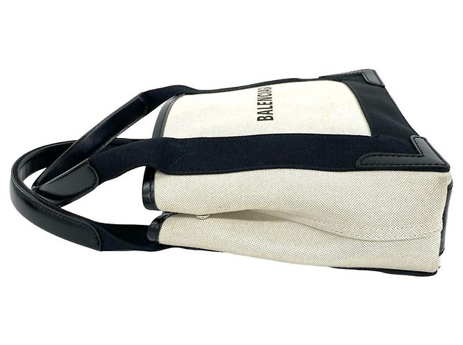 Balenciaga Navy Cabas Canvas Leather Handbag Black White - view 5