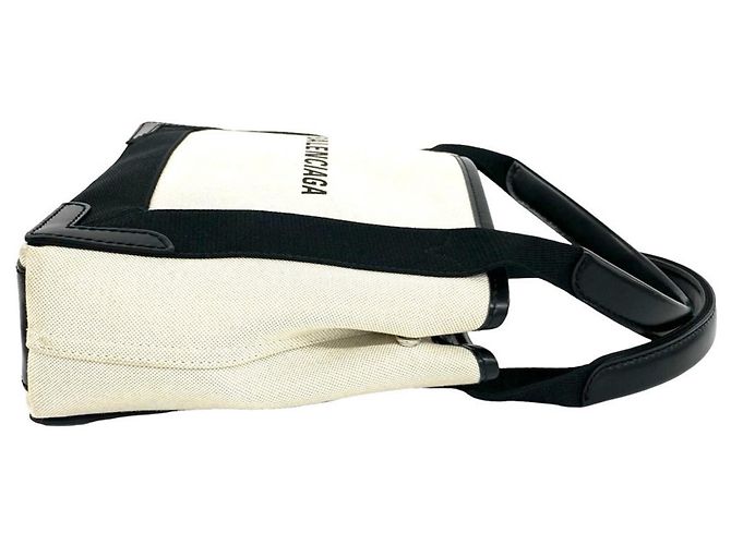 Balenciaga Navy Cabas Canvas Leather Handbag Black White - view 6