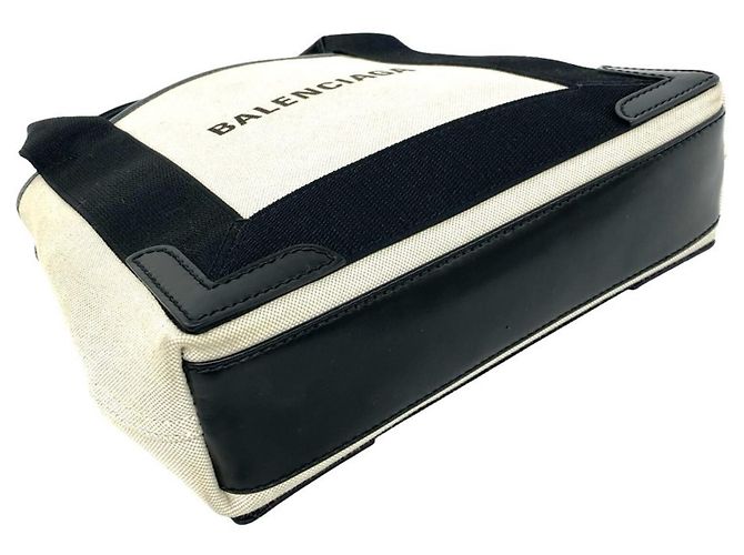 Balenciaga Navy Cabas Canvas Leather Handbag Black White - view 7