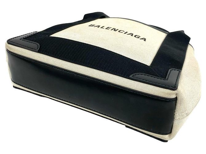 Balenciaga Navy Cabas Canvas Leather Handbag Black White - view 8
