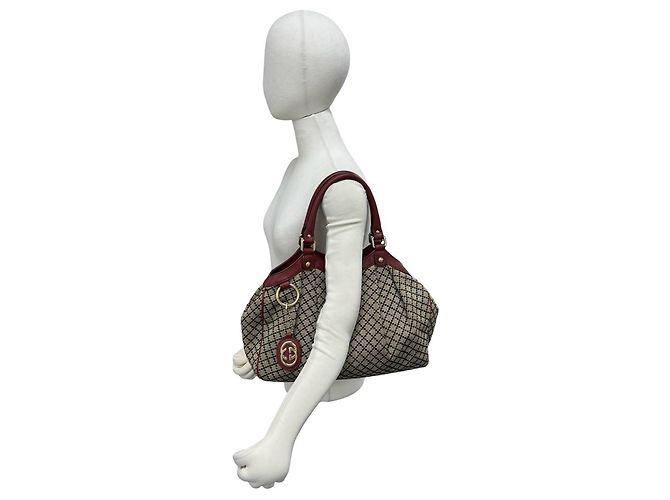 Borsa Tote Gucci Sukey in tela Diamante e pelle Rosso Beige - vista 2