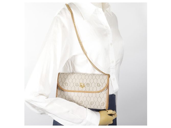 Borsa a tracolla con catena Christian Dior motivo a nido d'ape Beige - vista 13
