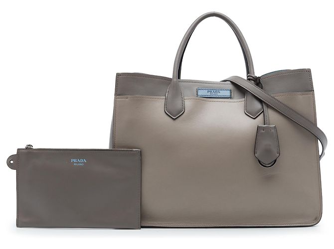 Borsa Satchel Prada City Calf Etiquette Grigia Marrone - vista 7