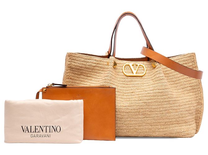Borsa Tote Valentino VLogo in Raphia Beige Medium - vista 7