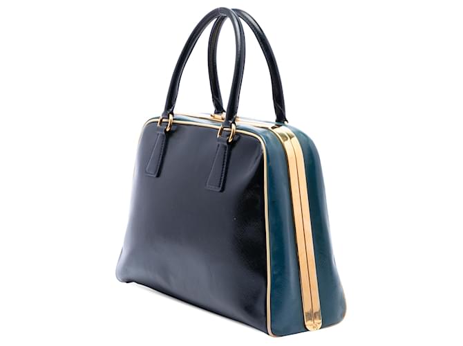 Borsa Prada Blue Bicolor Saffiano Vernice Pyramid Frame Blu navy - vista 2