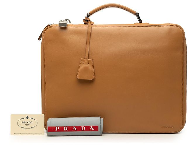 Borsa da lavoro Prada in pelle marrone Cammello - vista 7