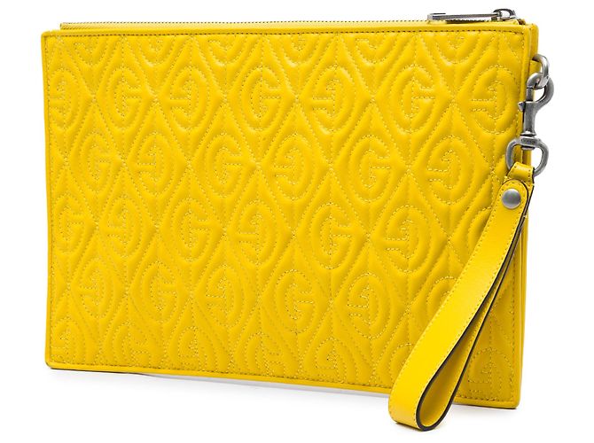 Clutch con zip Gucci in vitello matelassé giallo G Rhombus - vista 2