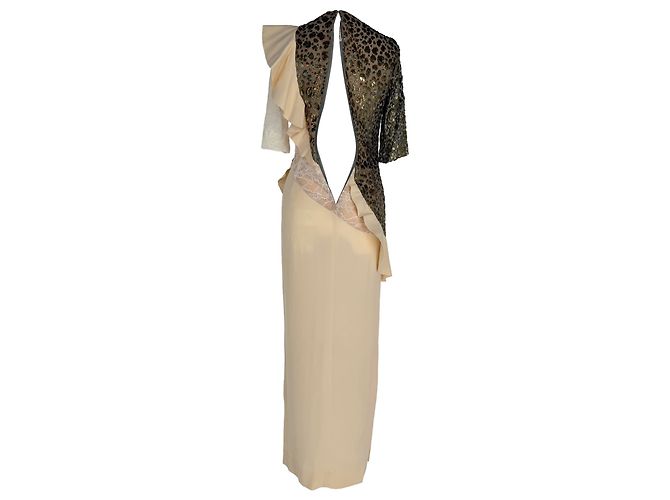 Abito maxi con volant e stampa leopardata Alessandra Rich in seta crema Bianco Crudo - vista 3
