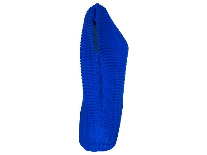 Issey Miyake strukturierte V-Ausschnitt-Bluse aus blauem Polyester - Ansicht 2