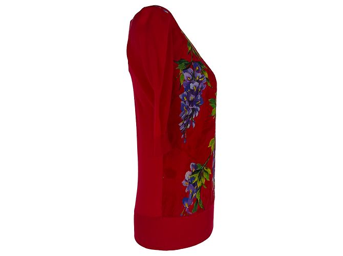 Dolce & Gabbana Kurzarm-Stricktop mit Glyzinien-Print aus roter Seide - Ansicht 2