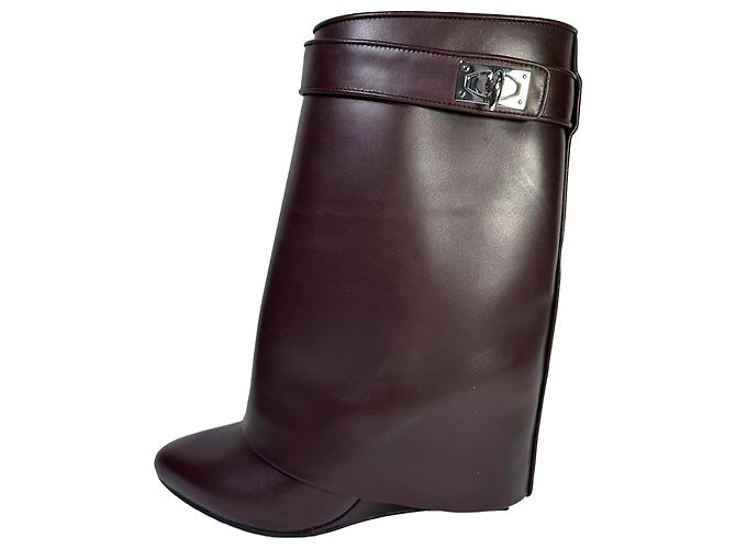 Bottines mi-mollet Givenchy Shark Lock à talon compensé en cuir bordeaux Rouge - vue 6