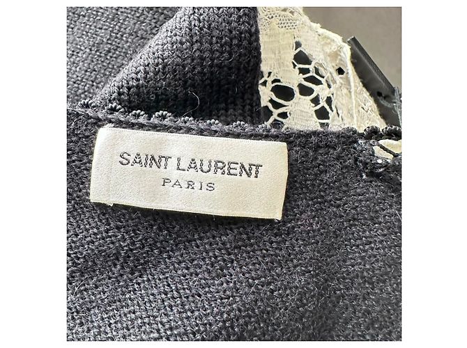 Saint Laurent Bluse mit Spitzenakzenten aus schwarz-weißer Wolle - Ansicht 5