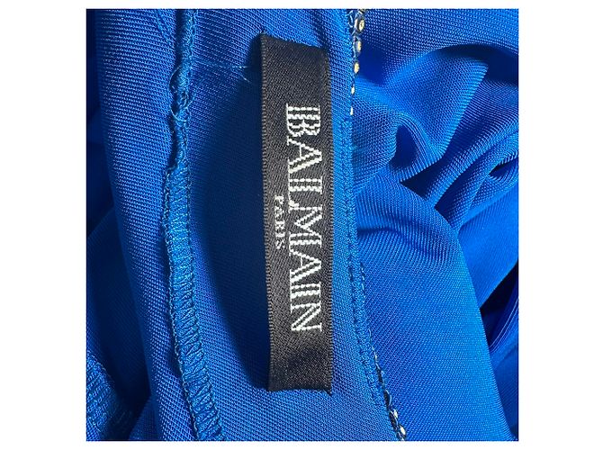 Vestido maxi Balmain com efeito drapeado e cristais em viscose azul - vista 9