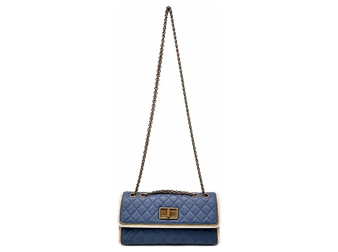 Chanel 2.55 Borsa a Patta in Pelle Blu Bianco - vista 2