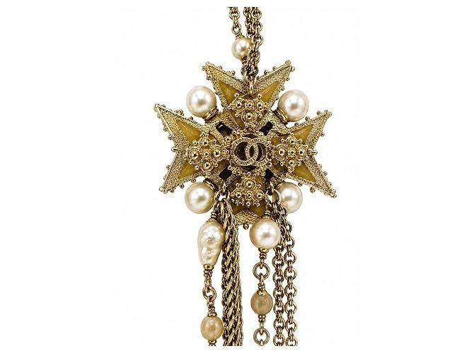 Collana Sautoir Chanel in Metallo Dorato e Perle Crudo Gold hardware - vista 4