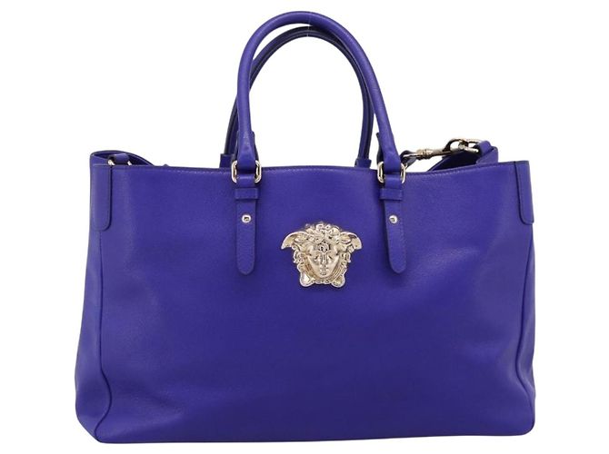 Borsa Tote VERSACE Medusa in pelle 2 vie Blu Tono Oro Auth BA14875V - vista 13