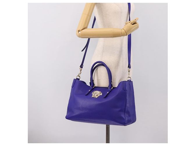 Borsa Tote VERSACE Medusa in pelle 2 vie Blu Tono Oro Auth BA14875V - vista 26