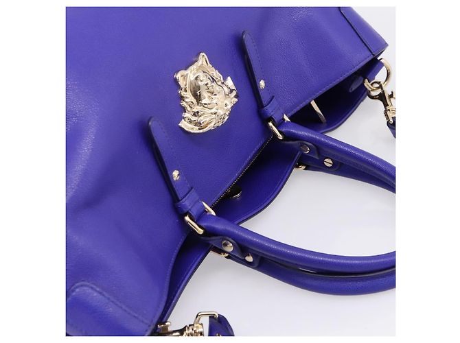Borsa Tote VERSACE Medusa in pelle 2 vie Blu Tono Oro Auth BA14875V - vista 6