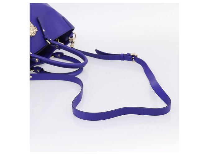 Borsa Tote VERSACE Medusa in pelle 2 vie Blu Tono Oro Auth BA14875V - vista 8