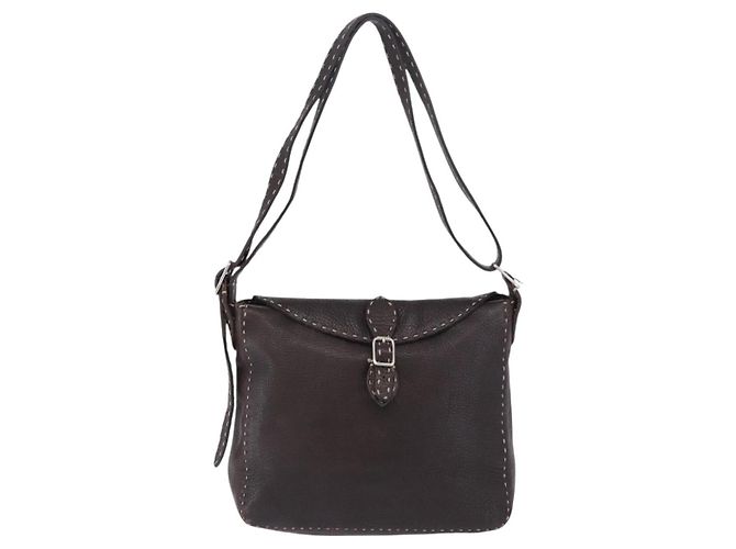 Borsa a tracolla FENDI Celeria in pelle marrone argento Auth 198325 - vista 13