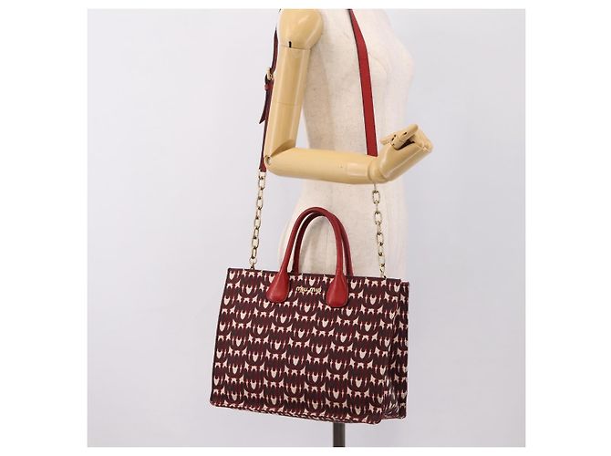 Borsa a tracolla con catena Miu Miu Canvas 2way Rosso Oro Auth 198710A D'oro - vista 23