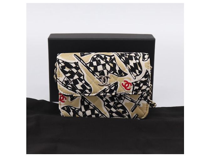 Borsa a tracolla CHANEL Checker Flag Chain Canvas Beige Gold CC Auth 197010SAM D'oro - vista 12