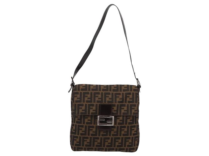 Borsa a tracolla FENDI Zucca Canvas Mamma Baguette Marrone Nero Auth 198709A - vista 13