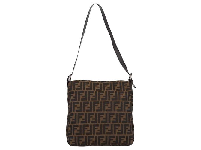 Borsa a tracolla FENDI Zucca Canvas Mamma Baguette Marrone Nero Auth 198709A - vista 2