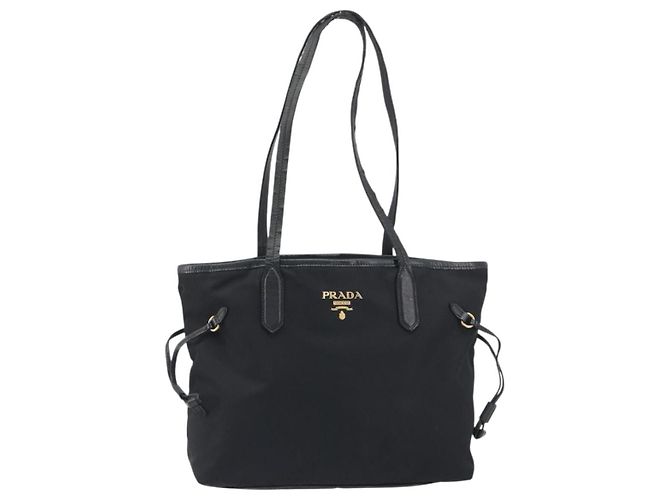 Borsa Tote PRADA Nylon Nero Tono Oro Auth 198624 - vista 13