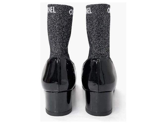Chanel Socken-Stiefeletten aus Lackleder und Glitzergewebe Schwarz - Ansicht 3