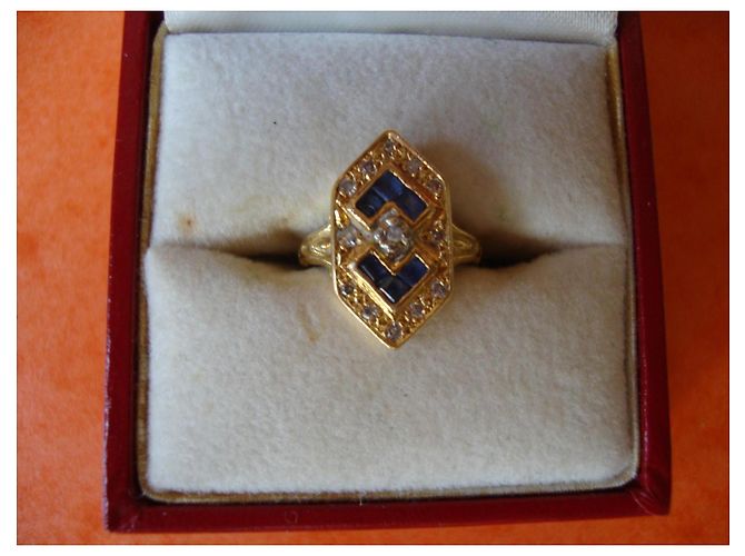 Autre Marque Art Déco Ring aus Gelbgold mit Saphiren und Diamanten Blau Golden - Ansicht 3