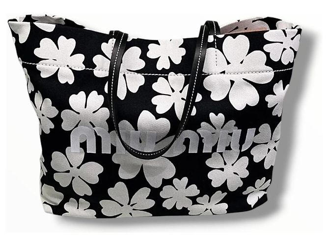Miu Miu Canvas Tote Bag mit Blumenprint Schwarz Weiß - Ansicht 10