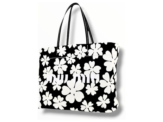 Miu Miu Canvas Tote Bag mit Blumenprint Schwarz Weiß - Ansicht 3
