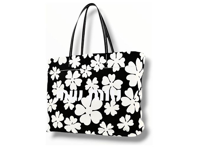 Miu Miu Canvas Tote Bag mit Blumenprint Schwarz Weiß - Ansicht 9