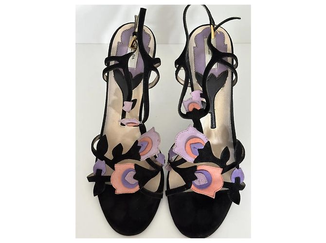 Prada Sandali con Tacco in Camoscio Nero e Decorazioni Floreali Rosa Porpora - vista 8